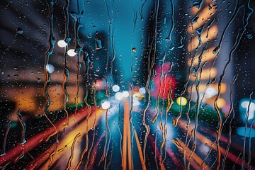 Abstract city lights, blurred by the rain drizzling down behind raindrops on a window. The cityscape is alive with vibrant colors and reflections.