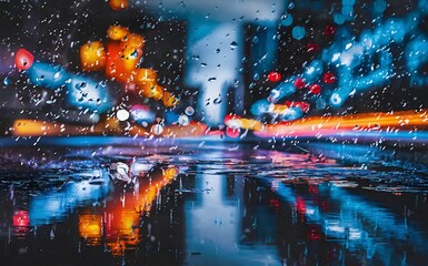 Rainy city lights at night are reflected in puddles, creating a mirrored effect. The raindrops make the image ethereal and dynamic, with the colors and lights blending into each other.