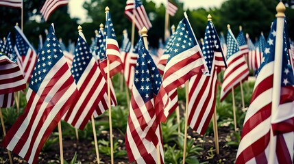 Field of American Flags Honoring Veterans on Memorial Day. In remember of military veteran and Happy memorial day Celebration
