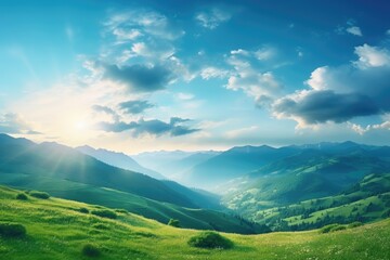 Fototapeta premium Dramatic Sunrise over Green Mountains. Morning Landscape with Blue Sky and Fluffy Clouds, Natural Background and Wallpaper
