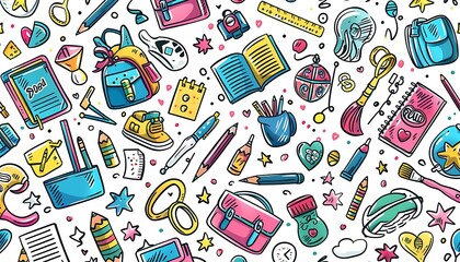 Playful vector illustration featuring school supplies and creative elements in seamless pattern