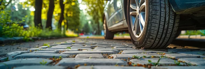 Fotobehang Car drives over cobblestones on tree-lined street. © VISUAL BACKGROUND