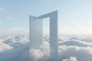 Celestial gateway standing amidst clouds an ethereal door opens to an expanse of sky rendered in 3D