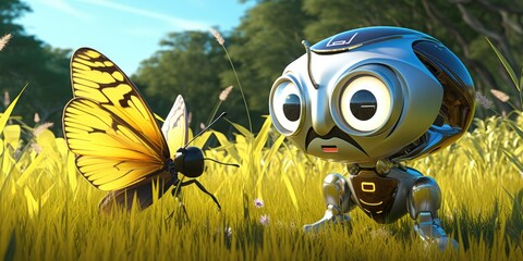 Cute little robot in the field on a beautiful day, surprised by a butterfly
