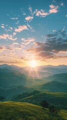 Dramatic Sunrise over Green Mountains. Morning Landscape with Blue Sky and Fluffy Clouds, Natural Background and Wallpaper