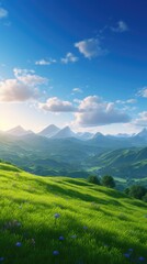 Fototapeta premium Dramatic Sunrise over Green Mountains. Morning Landscape with Blue Sky and Fluffy Clouds, Natural Background and Wallpaper