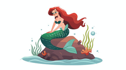 A beautiful little mermaid isolated sitting on a rock.