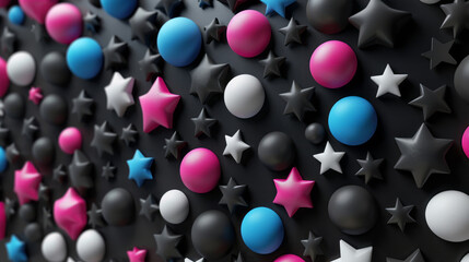 black white stars colored balls 3d background