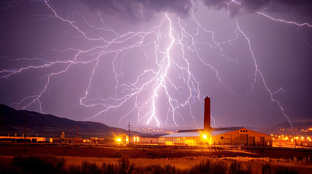 Dramatic image of a powerful lightning bolt streaking across the sky, striking behind a warehouse building