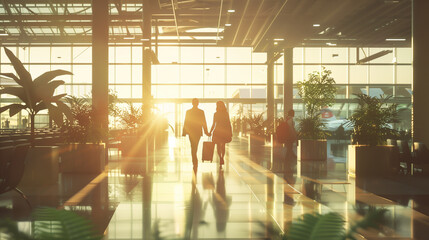silhouettes of people walking in airport