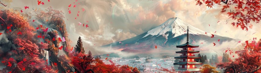 panoramic 32:9 beautiful view of Mount Fuji illustration in high resolution - obrazy, fototapety, plakaty