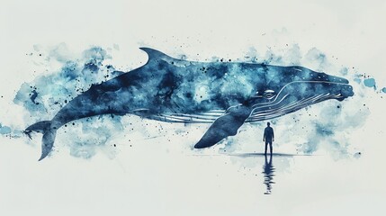 Close encounter in the sea a whale glides near a mans silhouette rendered in digital watercolors - obrazy, fototapety, plakaty