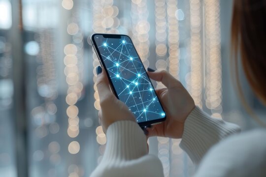 Smartphone with network dots technology created with generative ai