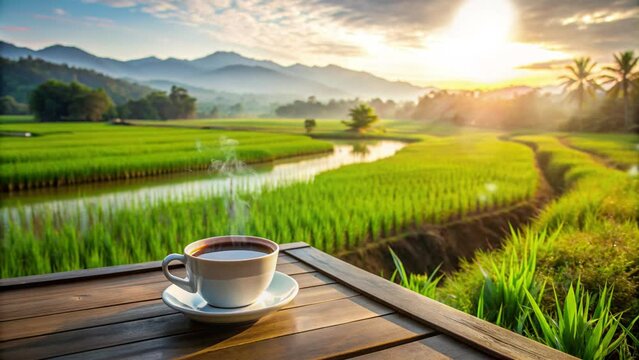 a cup of warm coffee in the morning with a rice field background