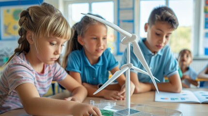 Children learning about renewable energy with a 3D windmill model in science class 