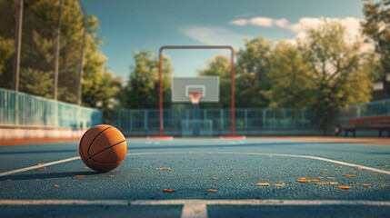 Basketball league poster with ball and hoop on the court, sports event advertisement - obrazy, fototapety, plakaty