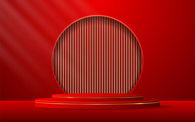 Red podium with elegant gold lines and a brown slatted backdrop set in a circular window for displaying advertisements. Display of cosmetic products. Stage or podium. vector illustration - obrazy, fototapety, plakaty