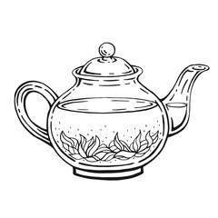 Teapot of tea with healthy tea, hibiscus. Hand drawn vector illustration.