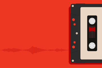 audio cassette on red background with audio track with place for text. vector