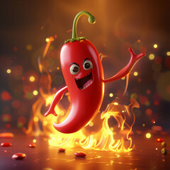 Cute hot chili cartoon 3D character on fire (Generative Ai)