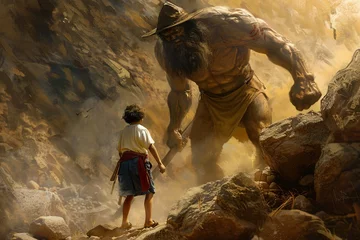 Fotobehang David versus Goliath captured in a digital painting an epic standoff between a shepherd and a towering giant © Sara_P
