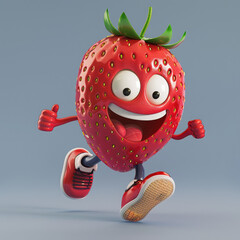 Cute Running Cartoon Strawberry Character 3D (Generative Ai)