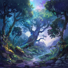 Fantasy drawing of imaginary universe. Old trees, adventure setting. Video game art. Cartoon concept art of beautiful land with trees. Magical and ancient world. Fairy tale nature. Painting art (Gener