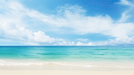 Beautiful Tropical Sea Beach with Blue Sky, White Clouds, and Reflection Summer Vacation Paradise Travel Landscape Wallpaper Background