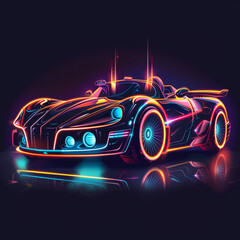 Future Retro Cartoon car with neon sign and lights. Colorful with dark background (Generative Ai)