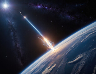 Rocket launch from the Earth planet through the clouds with a bright glow of the engine on the orbit and a bright blue nebula galaxy. 