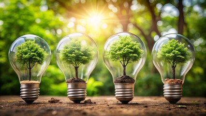 Green trees inside of lightbulbs, saving enery concept