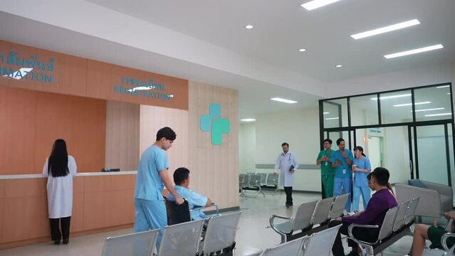 Medical staff and patients in a busy hospital reception services at information desk. many patients wait for health care specialists in a hospital waiting area. medical team doctors walking pass lobby