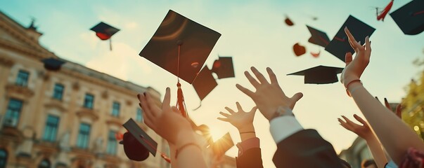 Capture the moment of joy and achievement as a group of graduates toss their graduation caps into the air in celebration