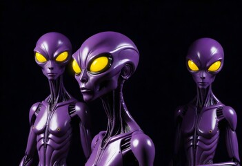 Group of purple alien figures isolated on black background with copy space.