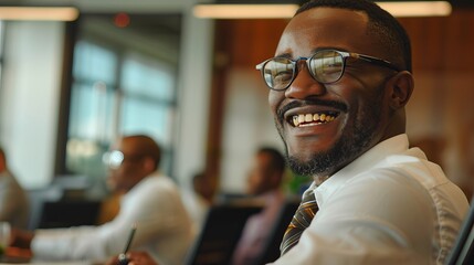 Happy african businessman smiling in office boardroom 