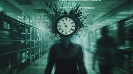 Fototapeta premium A shadowy figure with a clock face for a head, its hands spinning rapidly, surrounded by a blur of office chaos, depicting the relentless pressure of time