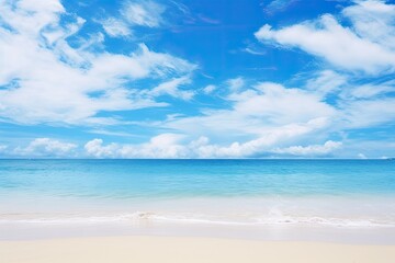 Obraz premium Beautiful Tropical Sea Beach with Blue Sky, White Clouds, and Reflection Summer Vacation Paradise Travel Landscape Wallpaper Background
