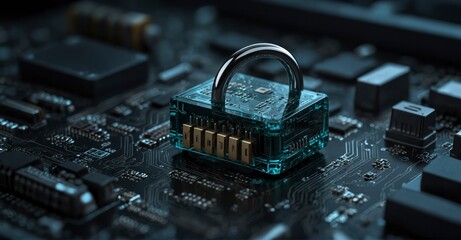 Cybersecurity concept Motherboard close-up with lock and verified login for secure connection banner - obrazy, fototapety, plakaty