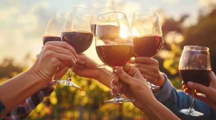 Happy friends drinking red wine at farm house vineyard countryside - Group of young people enjoying lunch break together outside - Hands holding wineglasses at sunset golden hour 