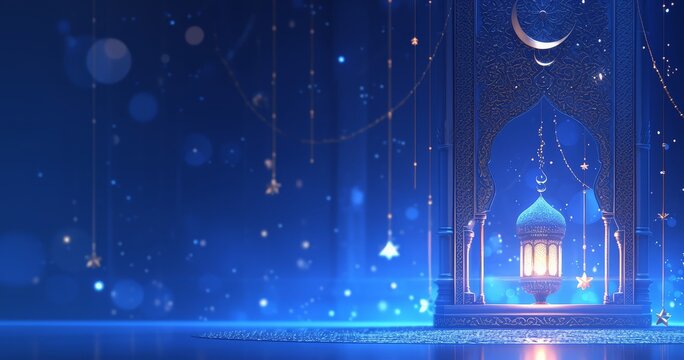 Ramadan Kareem background with lantern and crescent moon.