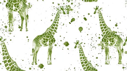 Green giraffe pattern with splatter effect on a white background
