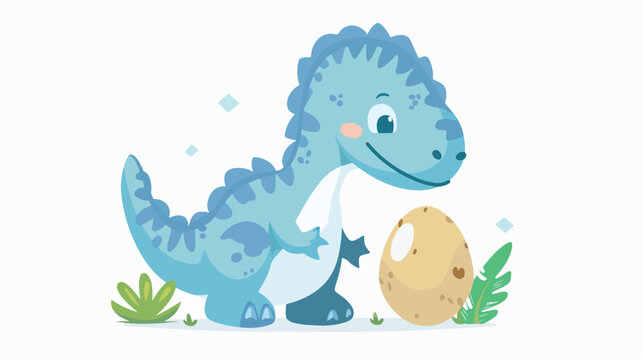 A cute blue dinosaur hugs an egg and warms vector illustration
