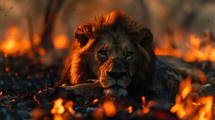 Africa Big Lion Male - Lion Fire Burned Destroyed Savannah. Lion Lying in the Black Ash and cinders in Botswana. Hot Season in Africa - Generative AI - obrazy, fototapety, plakaty