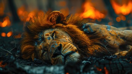 Africa Lion Male - Lion Fire Burned Destroyed Savannah. Lion Lying in the Black Ash and cinders in Botswana. Hot Season in Africa - Generative AI - obrazy, fototapety, plakaty
