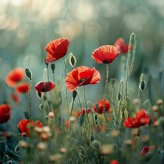 Fototapeta premium poppy flowers in summer, In remember of military veteran and Happy memorial day Celebration 