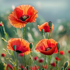 Obraz premium poppy flowers in summer, In remember of military veteran and Happy memorial day Celebration 