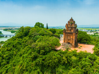 Naklejka premium Aerial view of Nhan temple, tower is an artistic architectural work of Champa people in Tuy Hoa city, Phu Yen province, Vietnam
