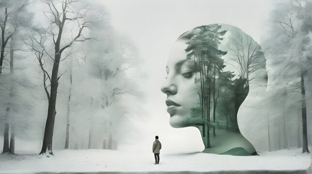 beautiful double exposure of a woman head and forest
