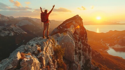 Male hiker climbing the mountain - Strong hiker with hands up standing on the top of the cliff enjoying sunset view 