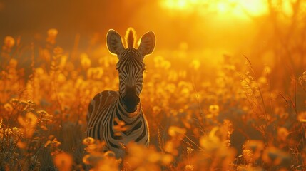 Africa Orange Zebra Sunrise. Bloom Flower Grass With Morning Back-light on the Meadow Field with...